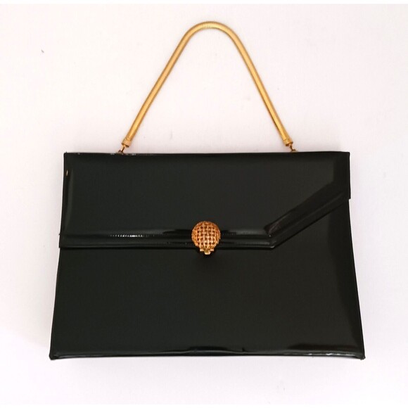 VTG 50s Lewis Blk Patent Leather Bag Gold Mesh Chain Strap Gold Filigree Clasp - Picture 1 of 16